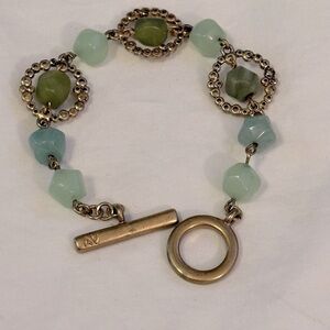 Signed AV Green Chalcedony, Aventurine & Serpentine Gold Tone Textured Bracelet